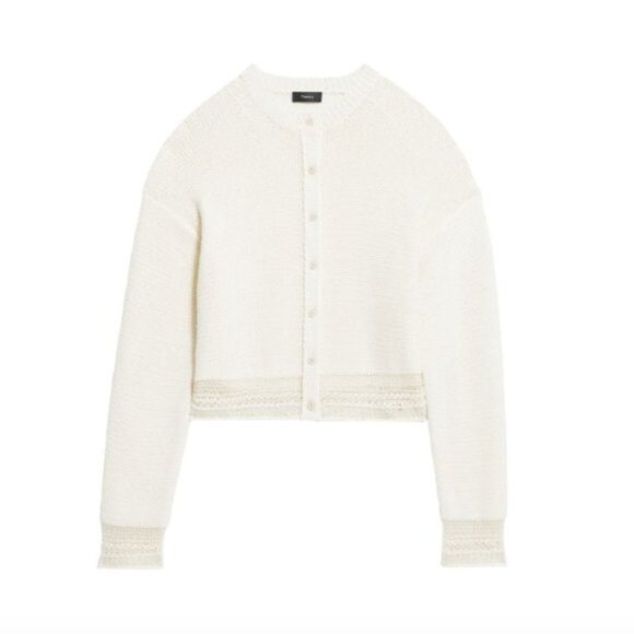 THEORY Mercer Crewneck Cardigan Ecru Cream Relaxed Cotton Blend Button Down - Picture 13 of 13